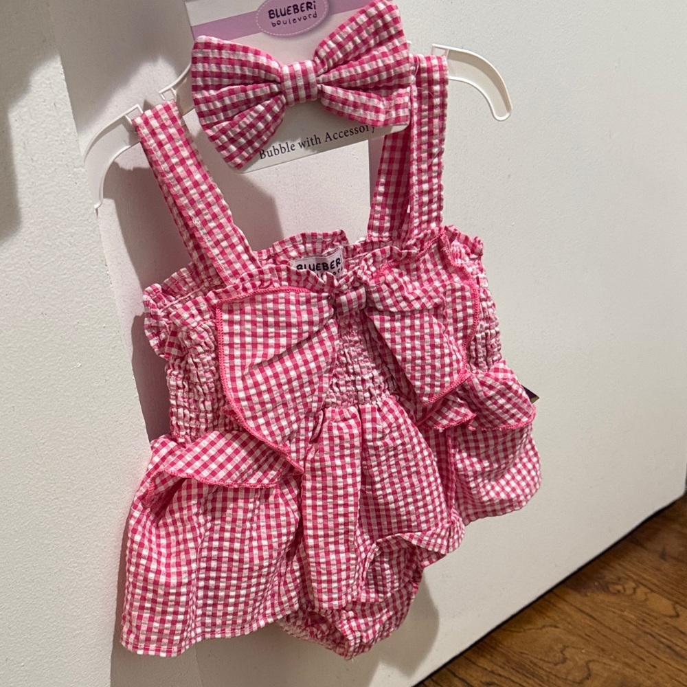 Pink Gingham Baby Romper with Bow